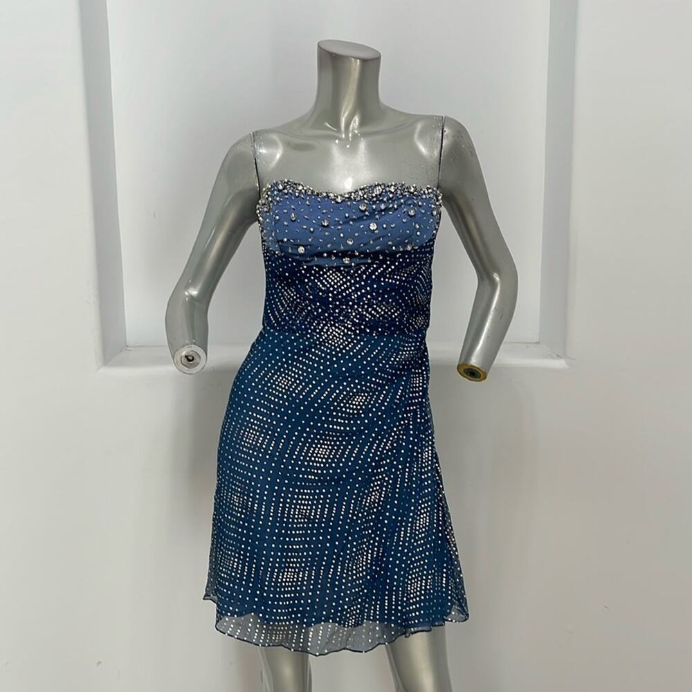Interlude Couture Collection Strapless Beaded Silk Blue Mini Dress Size 8